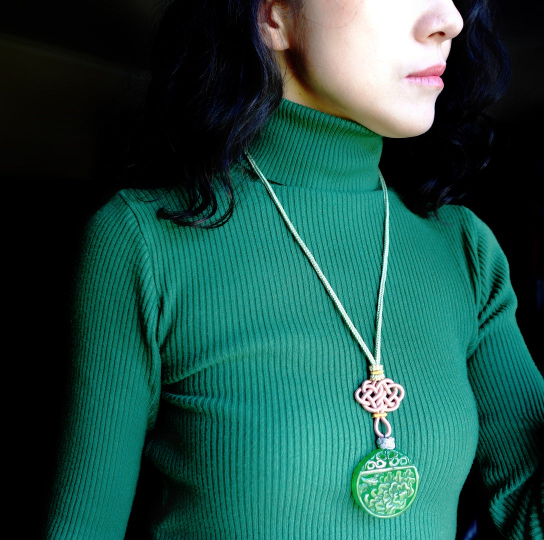 Green Jade Peony Pendant Necklace with Chinese Knot