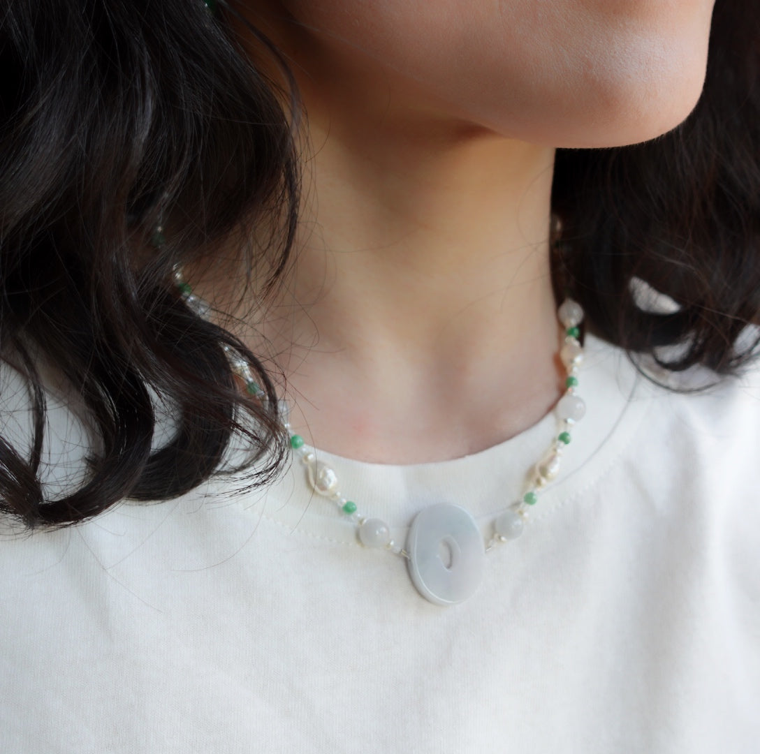 Baroque Pearl and Jadeite Necklace Silver - Yun Boutique