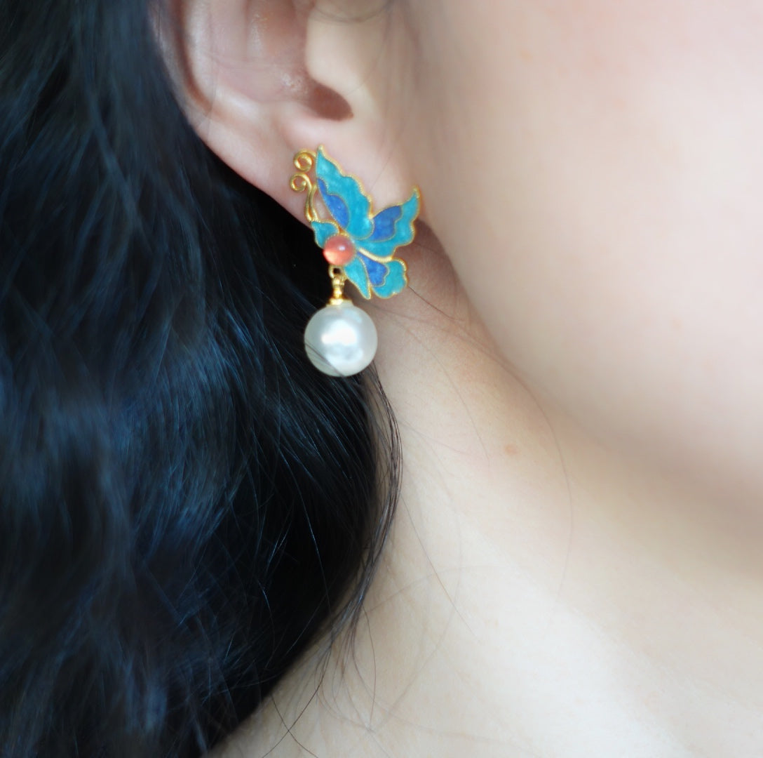 Imitation Kingfisher Butterfly Studs with Pearls - Yun Boutique