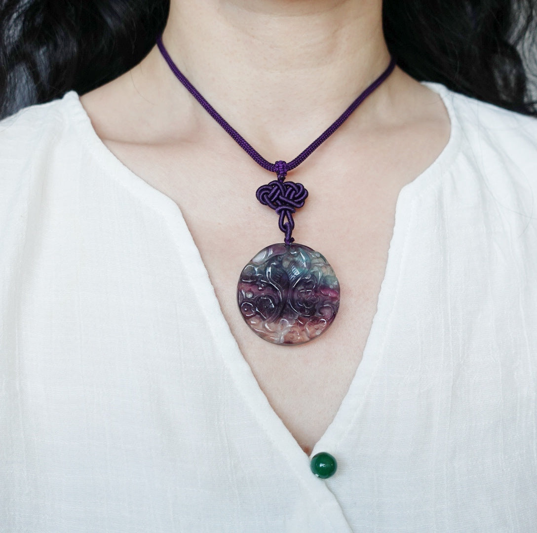 Purple Fluorite Plum Blossom Pendant Necklace - Yun Boutique