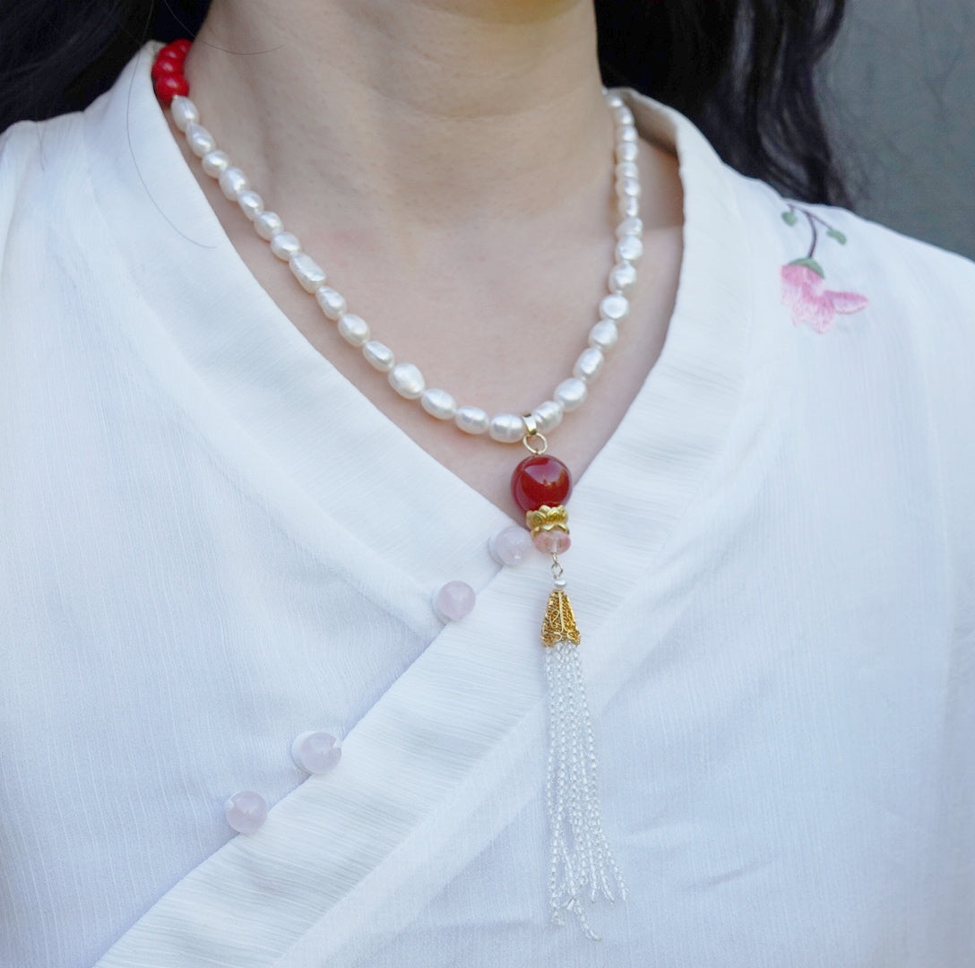 Carnelian Lotus Zircon Tassel Pendant