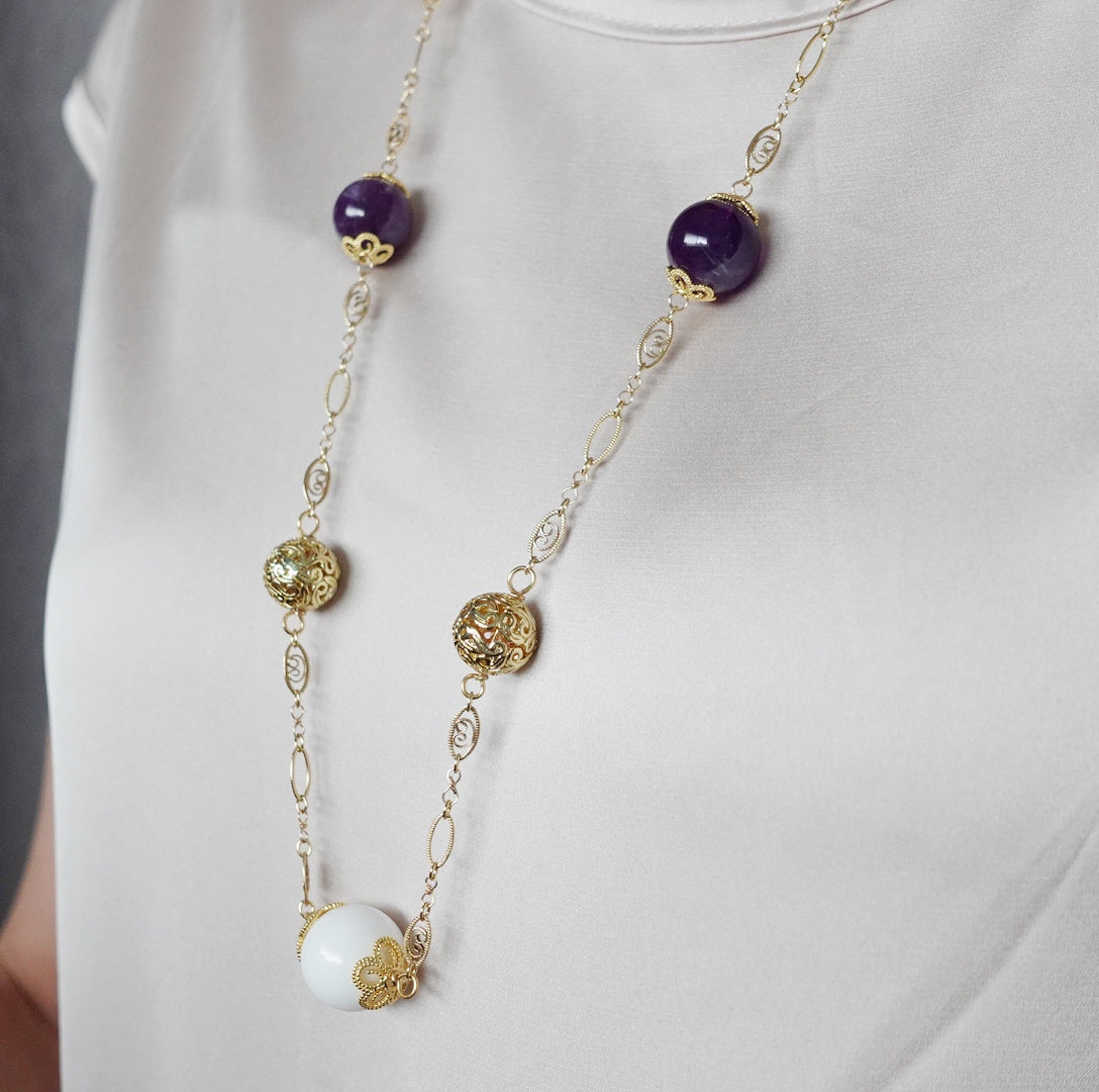 Winter Amethyst and Tridacna Long Chain Necklace - Yun Boutique