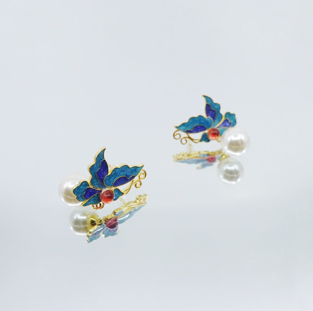 Imitation Kingfisher Butterfly Studs with Pearls - Yun Boutique