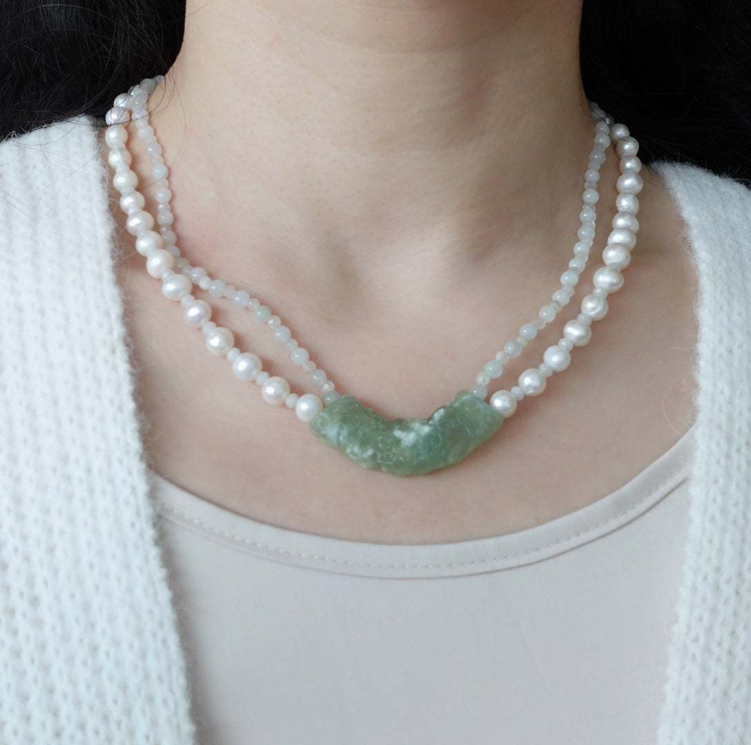 Auspicious Clouds Mint Jade Huang Beaded Necklace - Yun Boutique