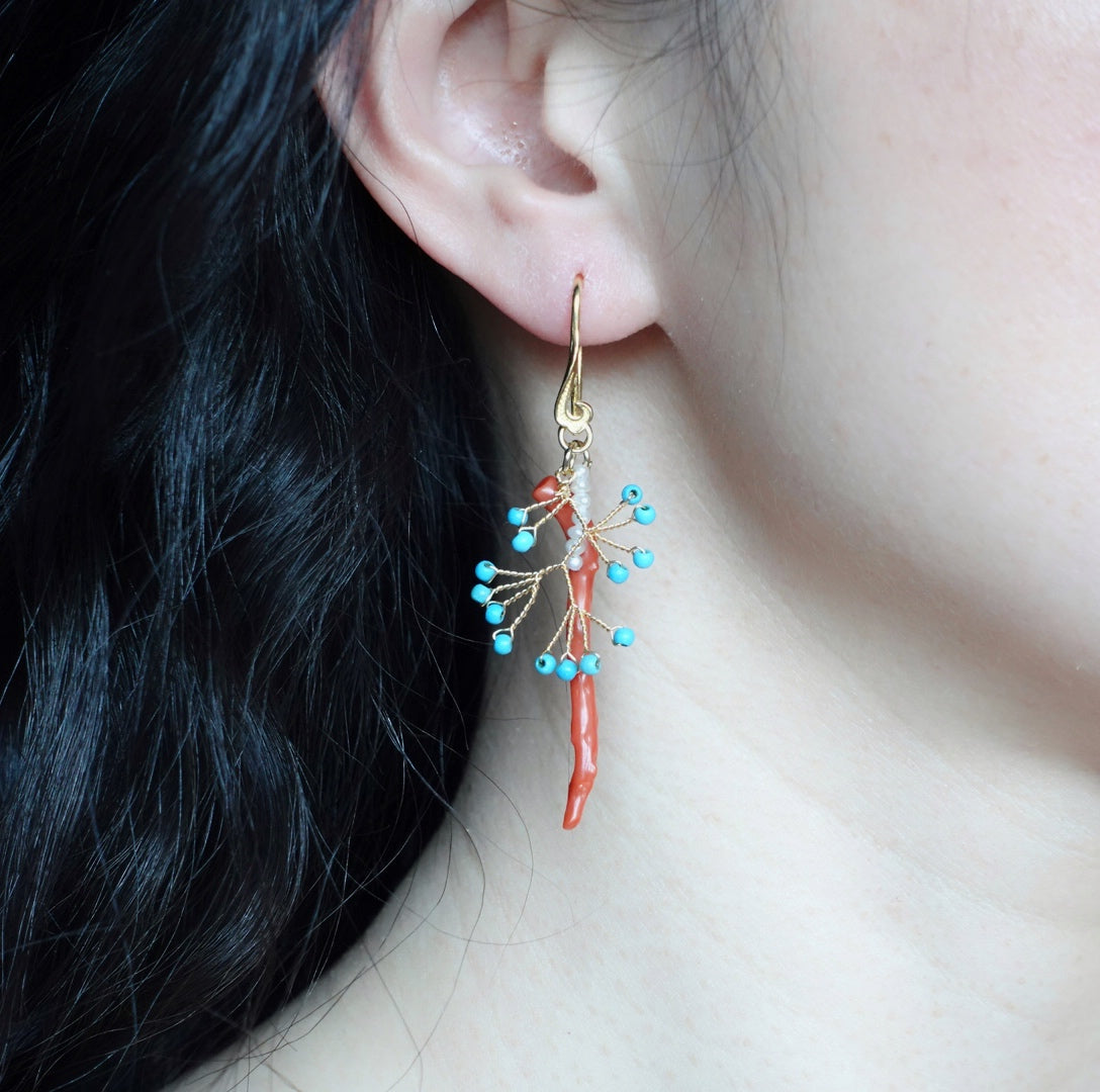 Red Coral and Turquoise Branch Earrings - Yun Boutique