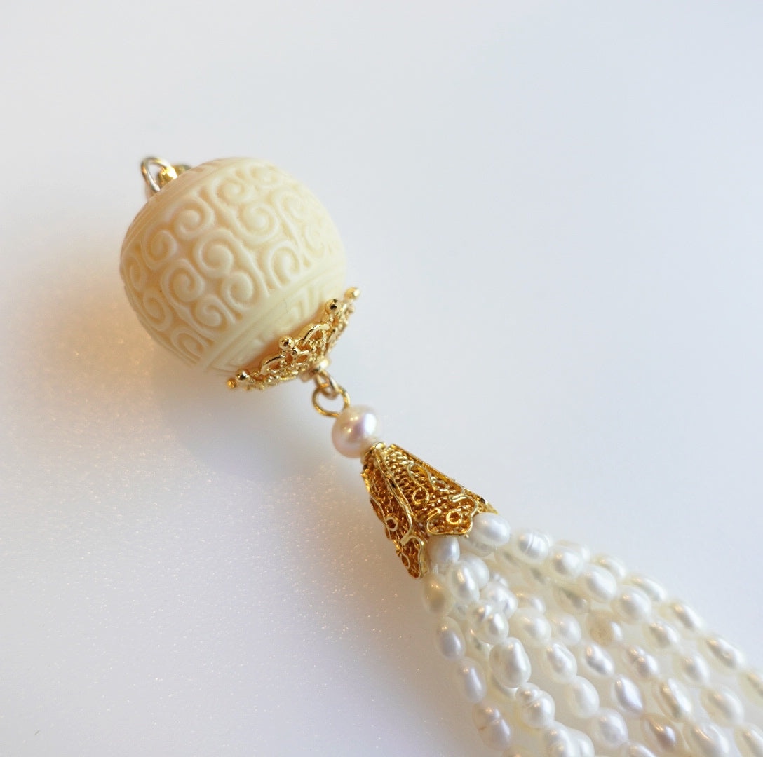 Auspicious Clouds Corozo Nuts Pearl Tassel Pendant - Yun Boutique