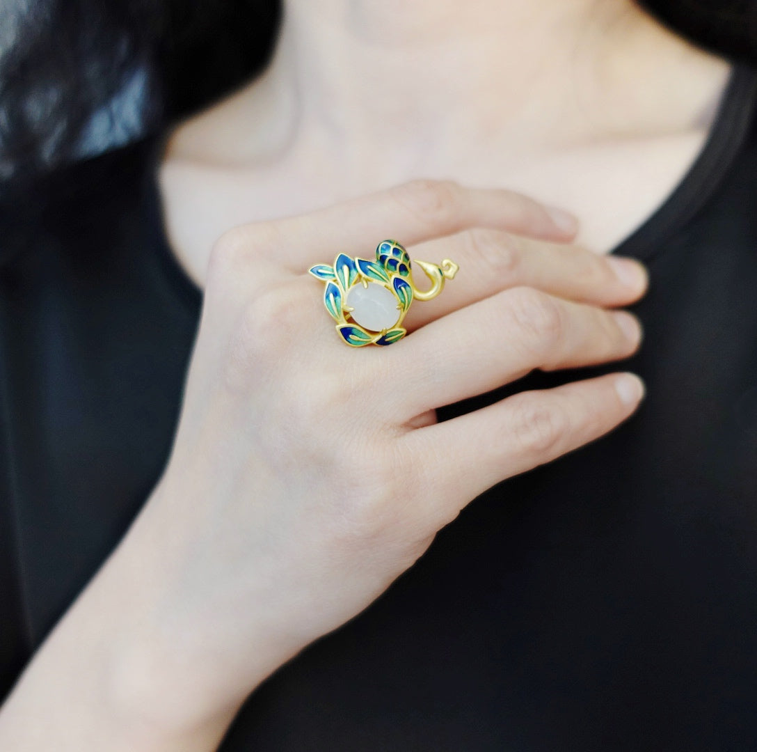 Gold Enamel Peacock Ring - Yun Boutique