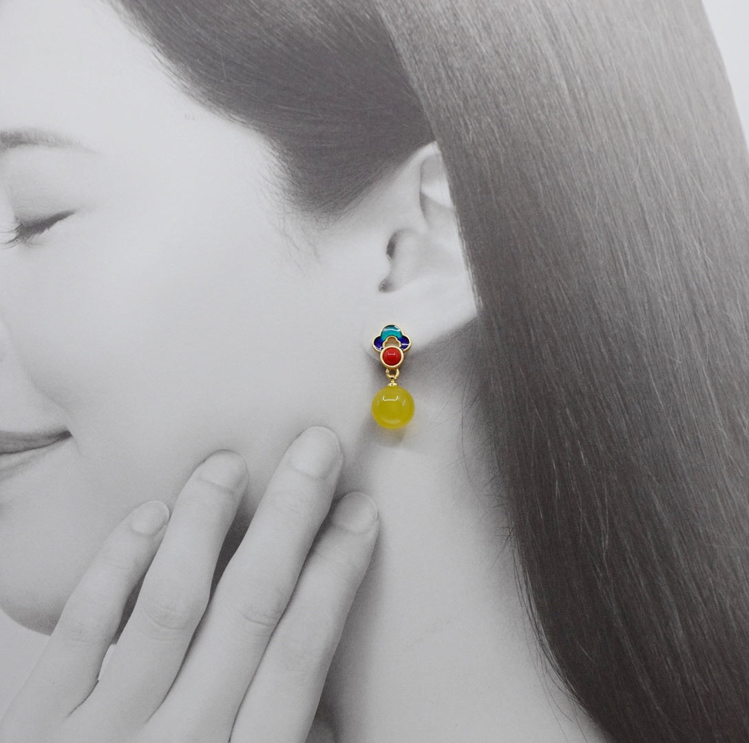 Yellow Jade Enamel Ruyi Earrings - Yun Boutique