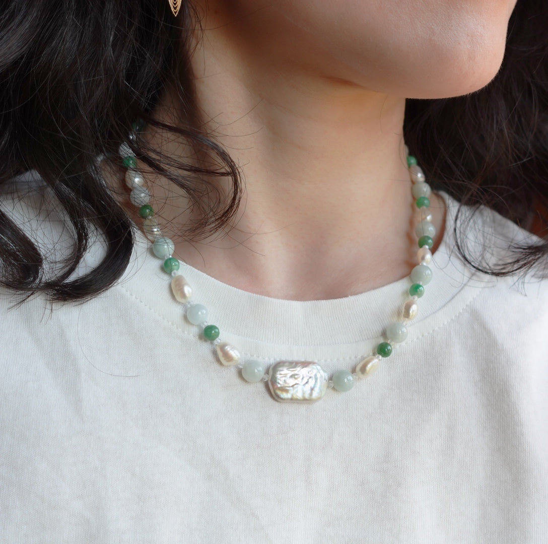 Yun Boutique Baroque Pearl and Jadeite Necklace Silver