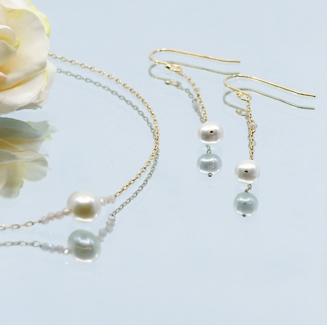 Yun Boutique Floating Pearl Line Necklace and Earrings Set