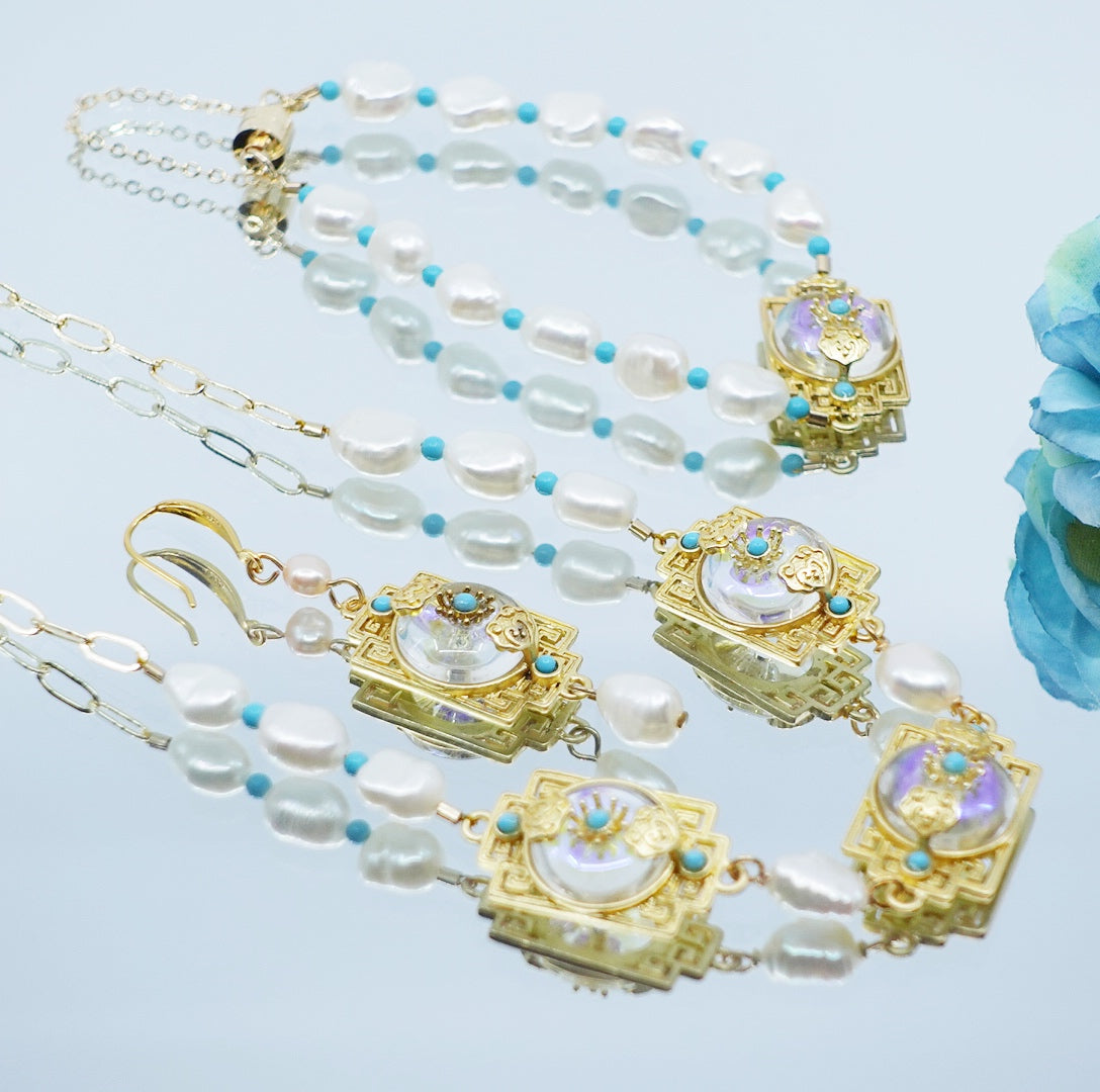 Yun Boutique Baroque Pearl Palatial Necklace Bracelet and Earrings Set (Turquoise)