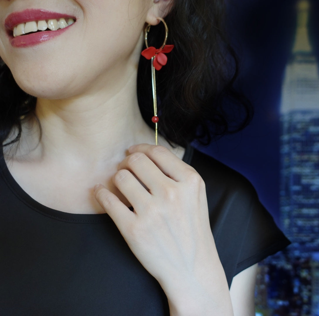 Red Orchid Asymmetrical Earrings - Yun Boutique