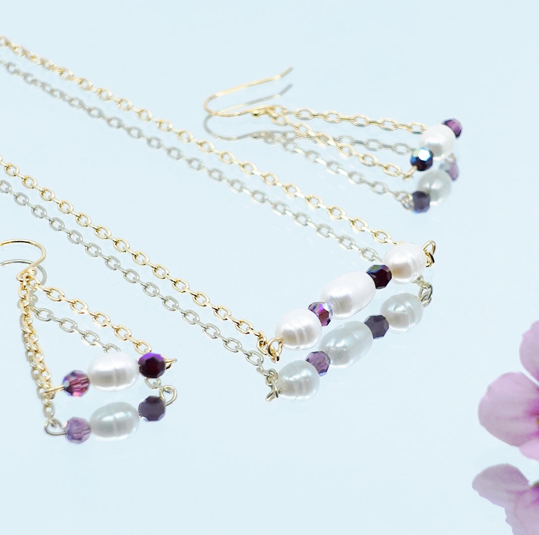 Pearl Cluster Necklace and Earrings Set (Purple) - Yun Boutique