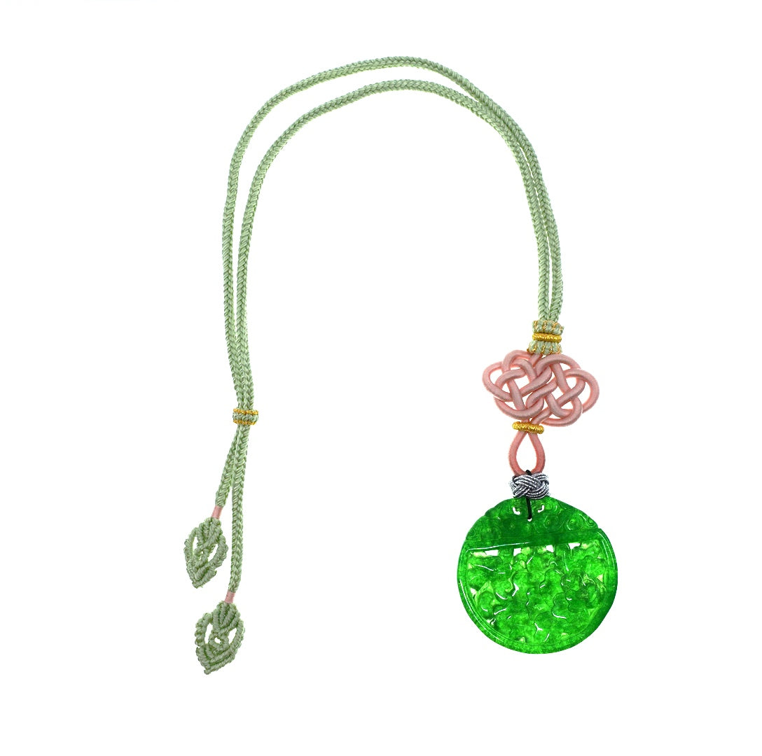 Green Jade Peony Pendant Necklace with Chinese Knot