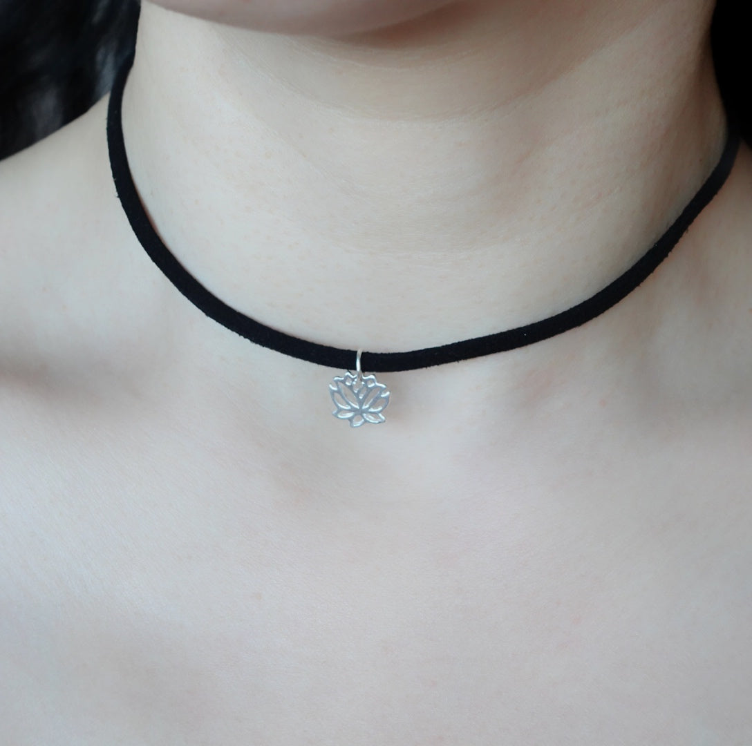 Black Choker Necklace with Silver Lotus