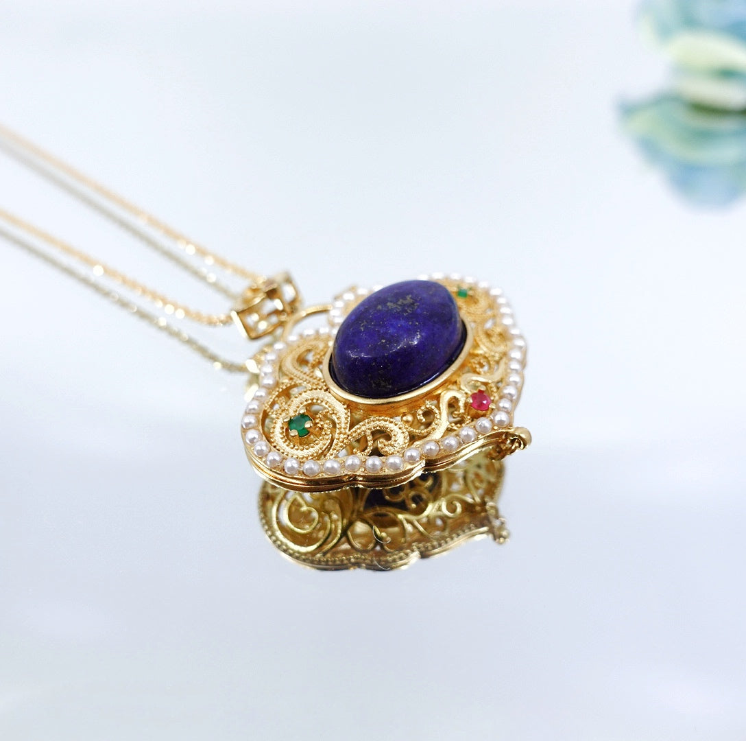 Antique Style Lapis Ruyi Locket Pendant Necklace