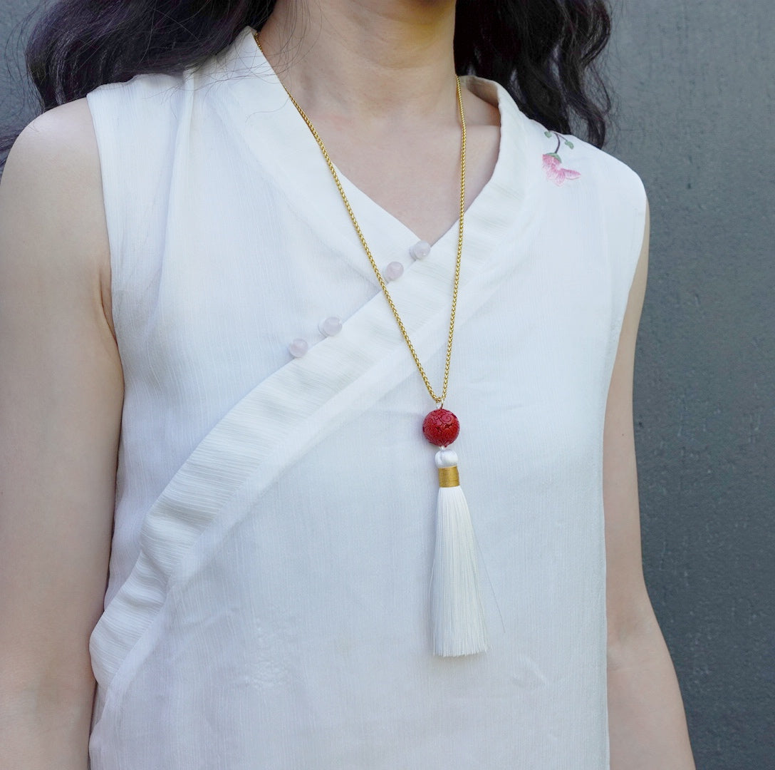 Auspicious Clouds Cinnabar Tassel Necklace - Yun Boutique