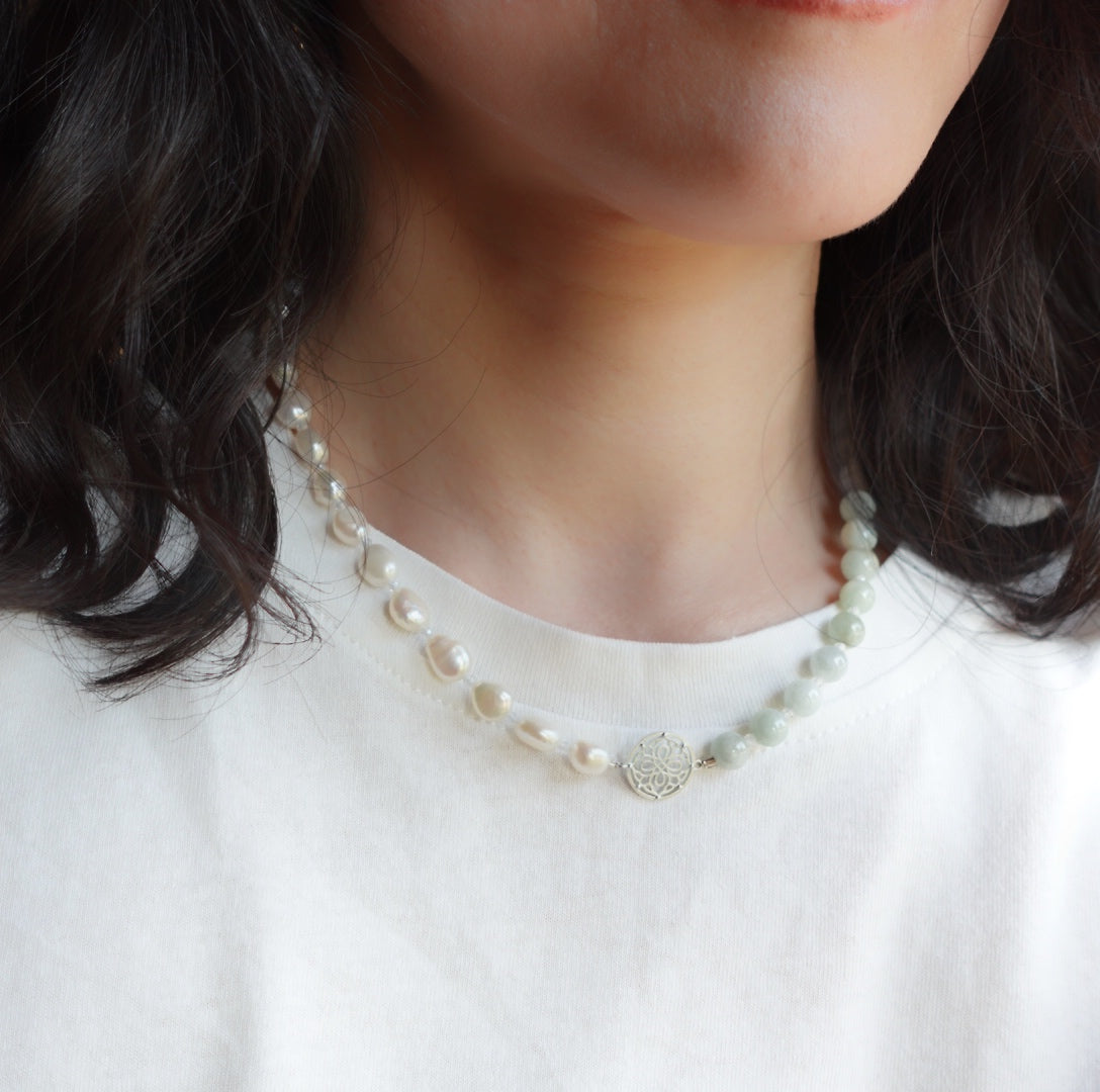 Yun Boutique Baroque Pearl and Jadeite Necklace Silver