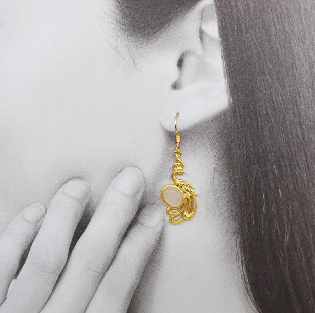 White Jade Gold Phoenix Earrings