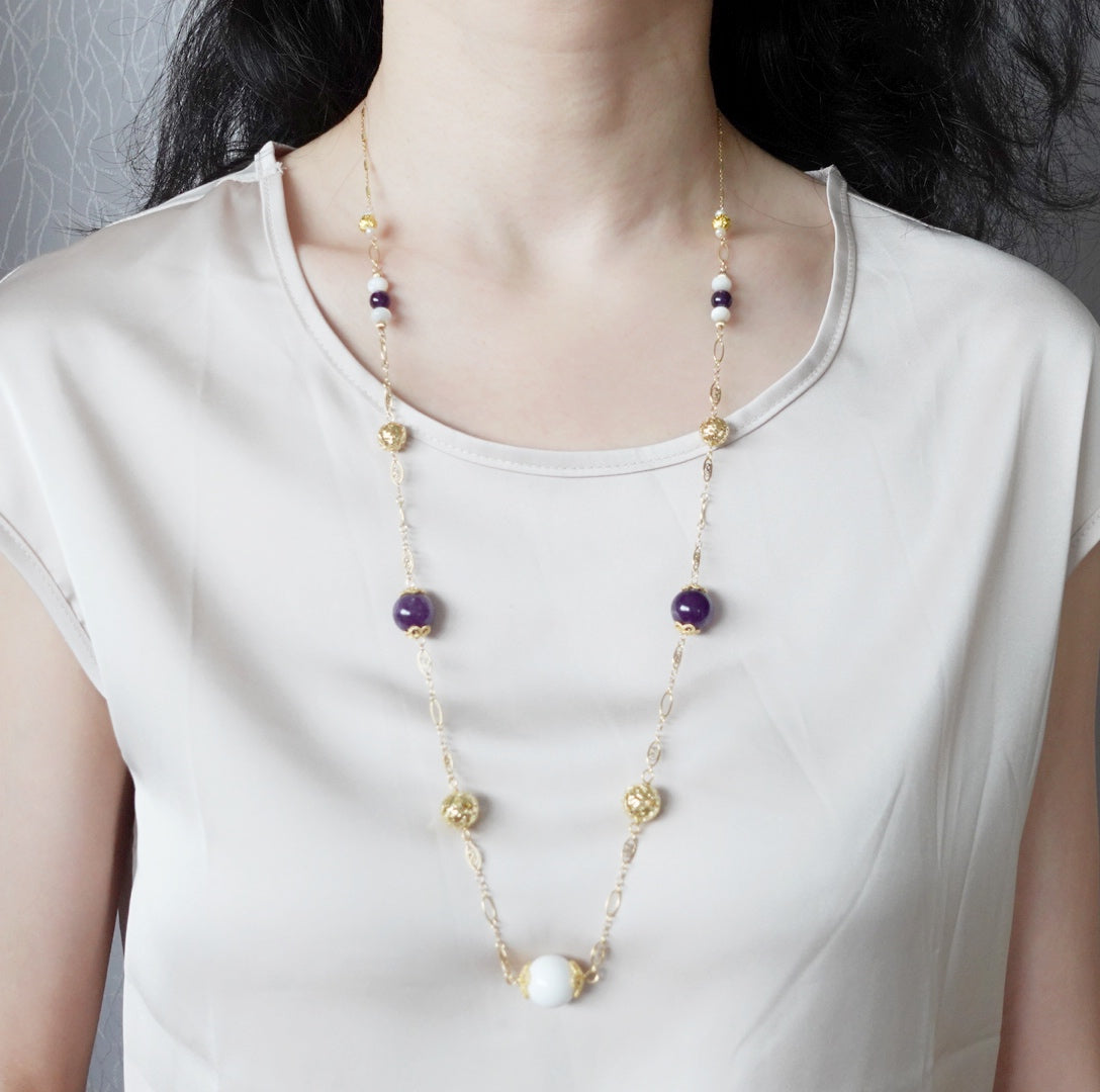 Winter Amethyst and Tridacna Long Chain Necklace - Yun Boutique