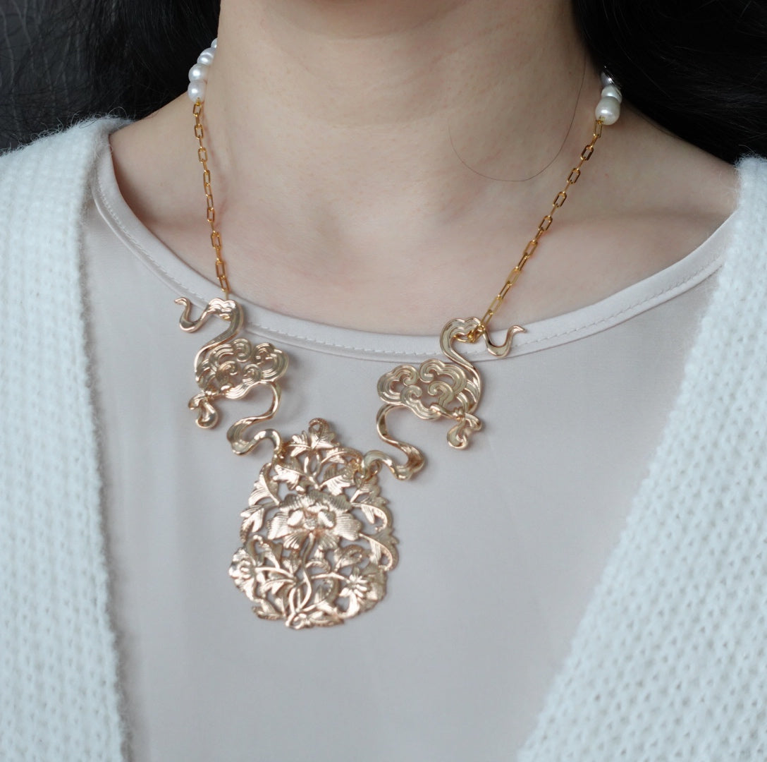 Auspicious Clouds and Peony Statement Necklace - Yun Boutique