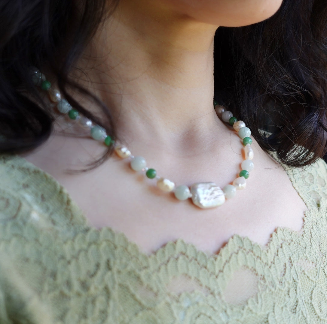 Yun Boutique Baroque Pearl and Jadeite Necklace Silver