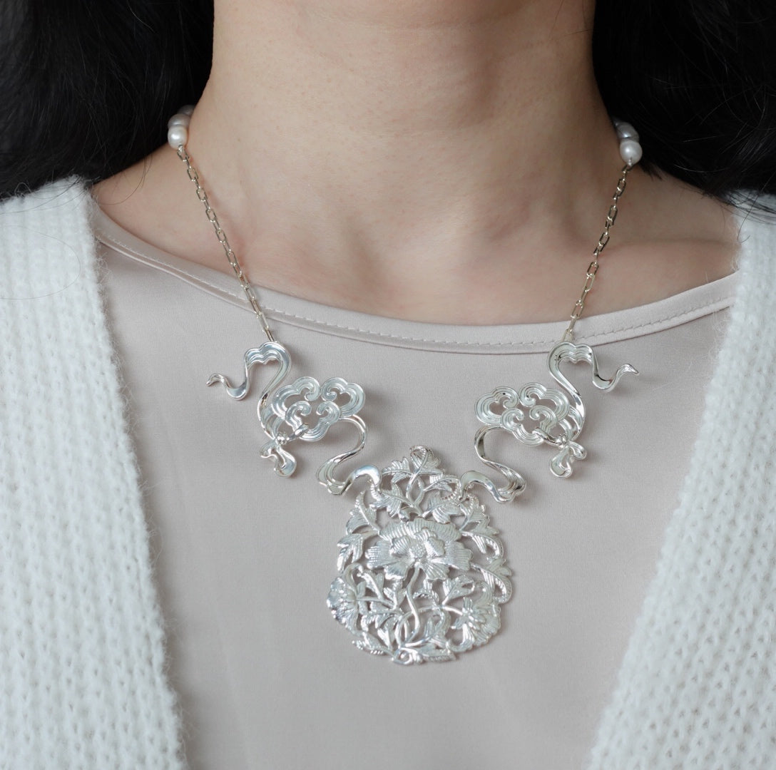 Auspicious Clouds and Peony Statement Necklace - Yun Boutique