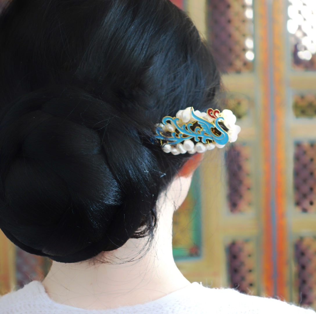 Auspicious Baroque Pearl Enamel Wood Hair Stick - Yun Boutique