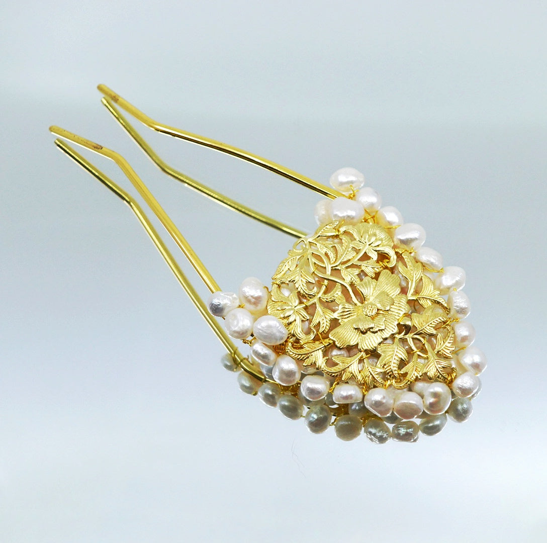 Baroque Pearl Poeny Double-pronged Hairpin - Yun Boutique