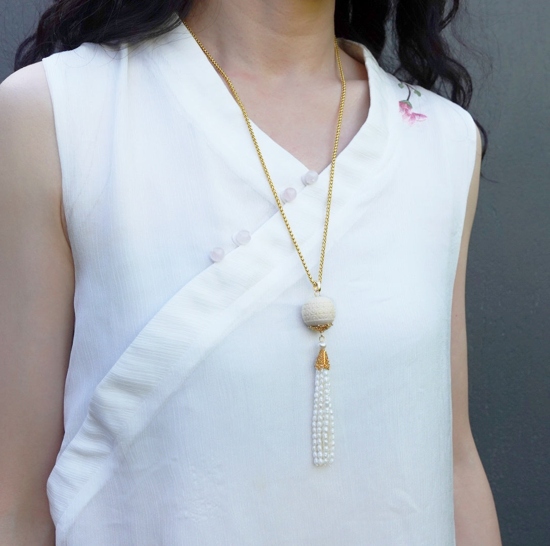 Auspicious Clouds Corozo Nuts Pearl Tassel Pendant - Yun Boutique