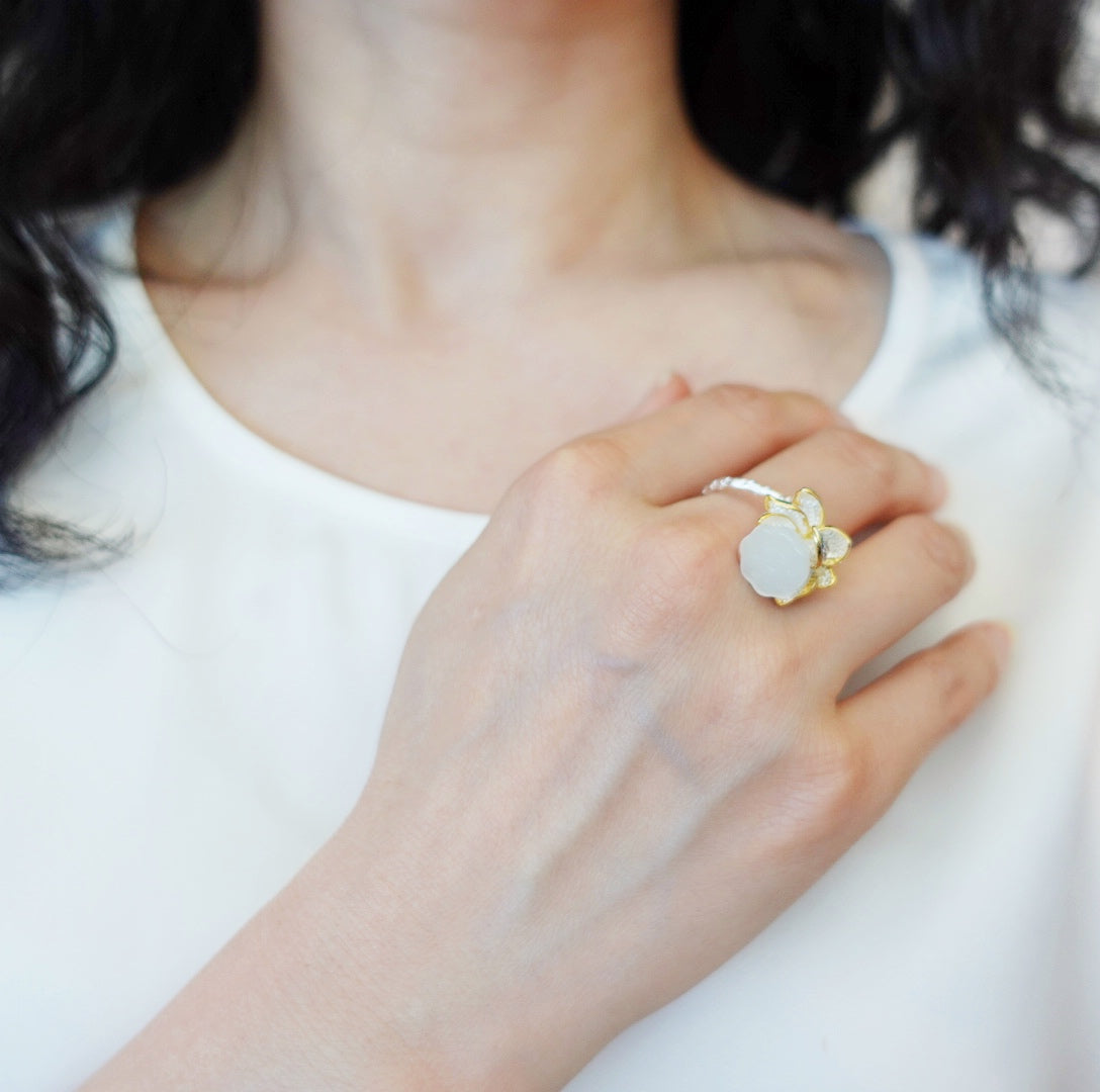 Silver White Jade Lotus Ring