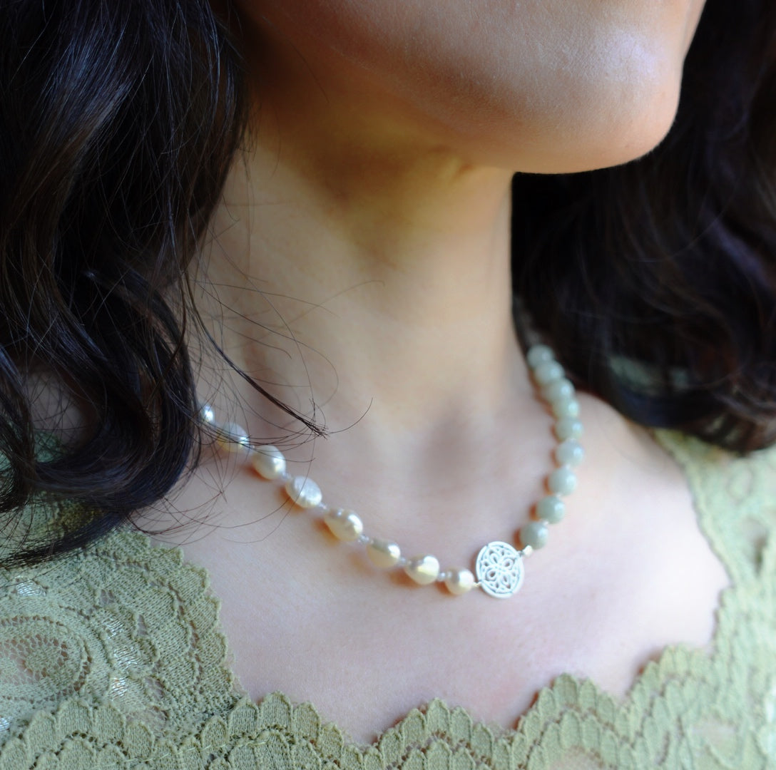 Yun Boutique Baroque Pearl and Jadeite Necklace Silver