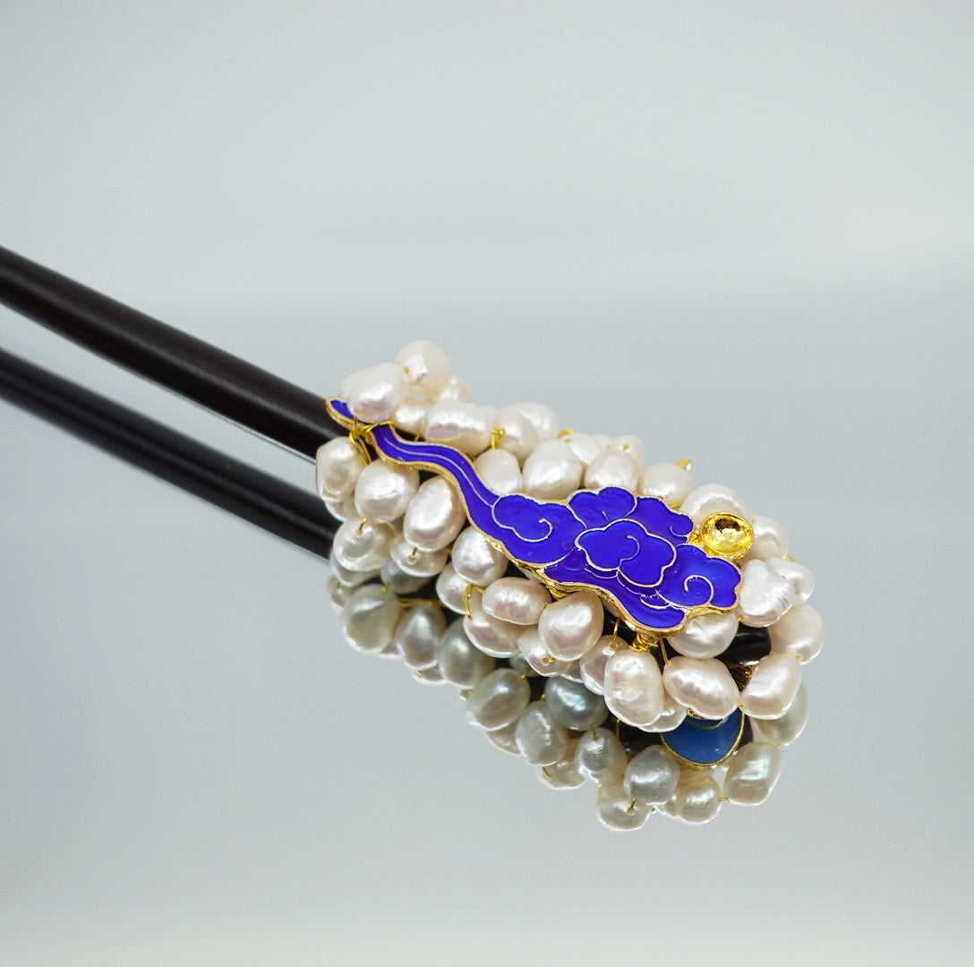 Enamel Phoenix Wood Hair Stick with Baroque Pearls