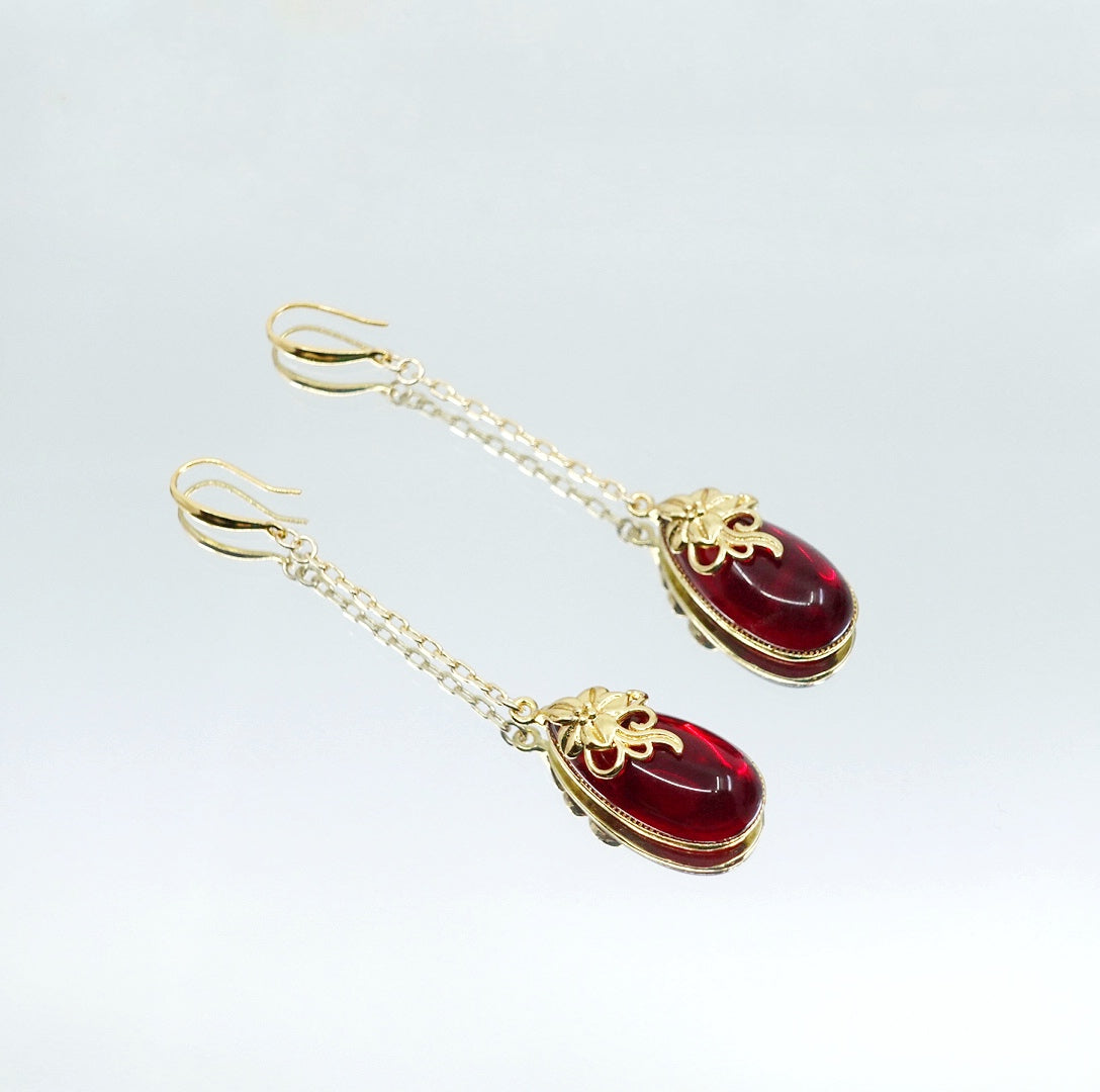 Red Jade Earrings with Long Dangle Chain - Yun Boutique