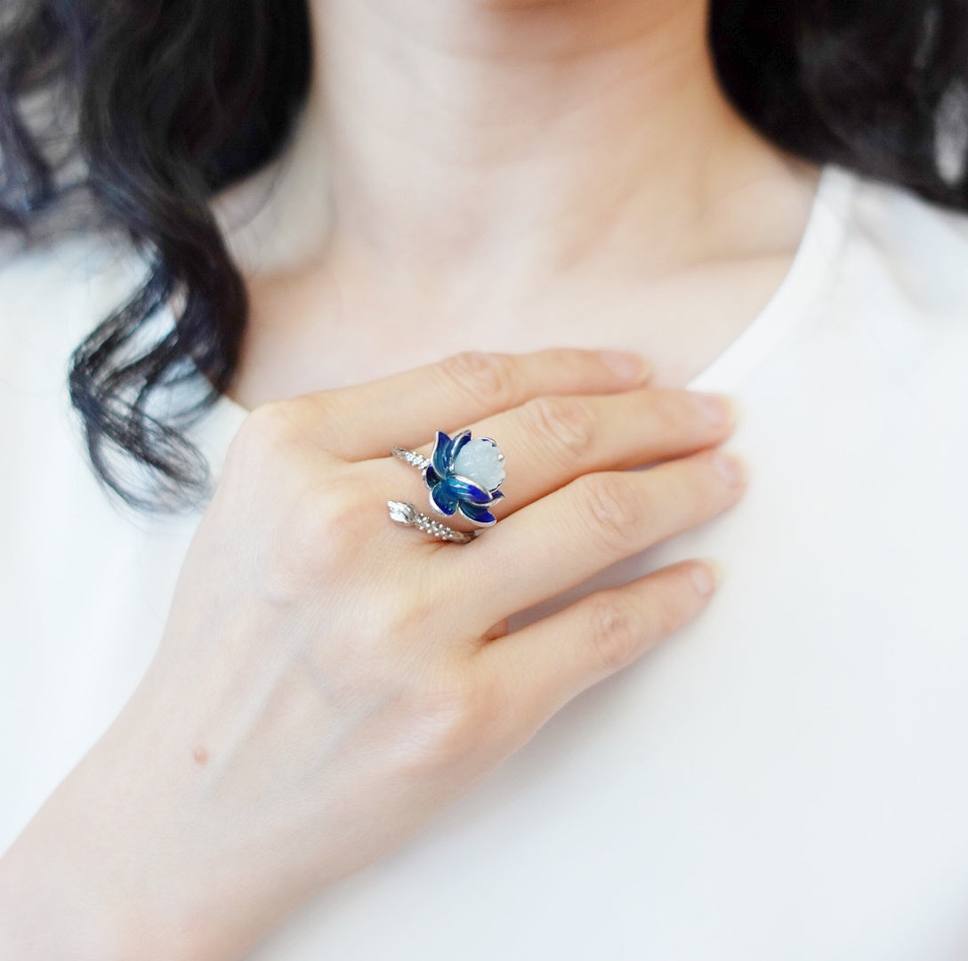 Silver Enamel Lotus Ring