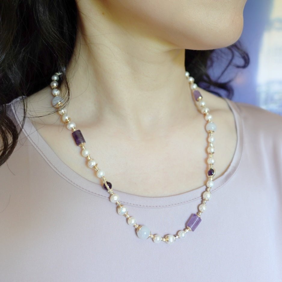 Purple Gemstone and Pearl Necklace in Sterling Silver