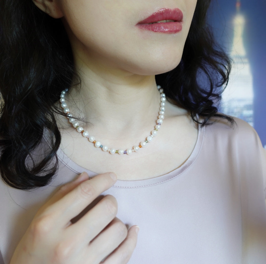 Pearl Necklace with Colorful Zirconia 16 Inch