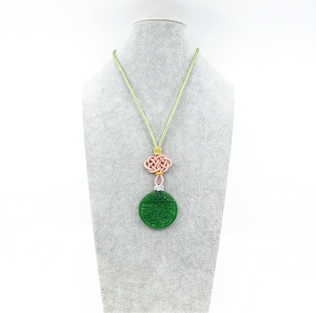 Green Jade Peony Pendant Necklace with Chinese Knot