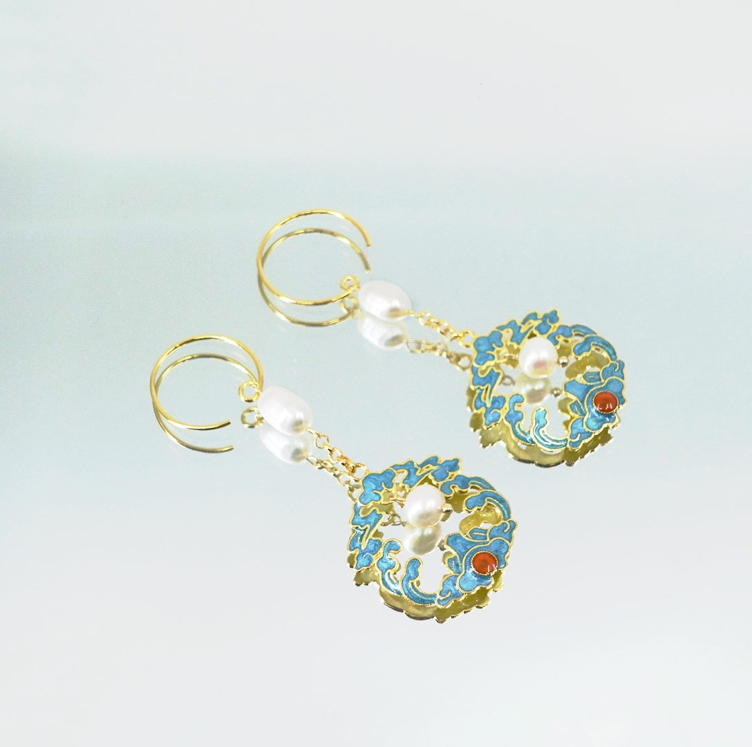 Imitation Kingfisher Auspicious Clouds Dangle Pearl Earrings - Yun Boutique