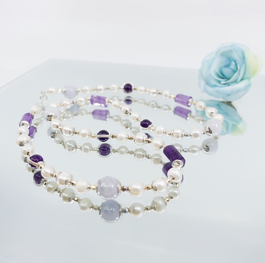 Beaded Pearl Necklace with Purple Gemstones - Yun Boutique