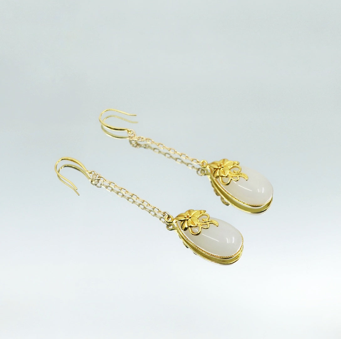 White Jade Earrings with Long Dangle Chain - Yun Boutique