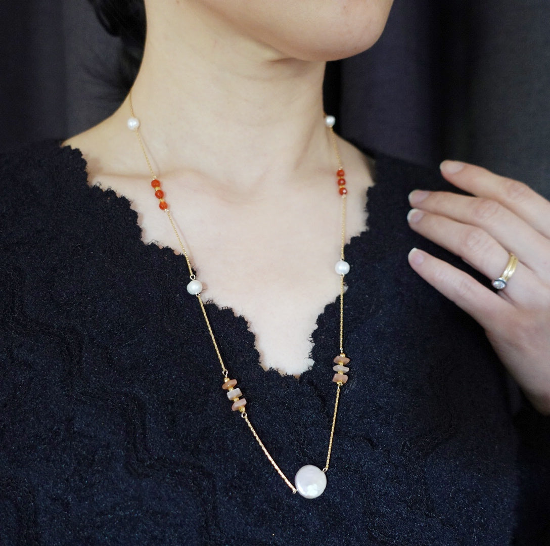 Yun Boutique Sunstone and Pearl Long Necklace