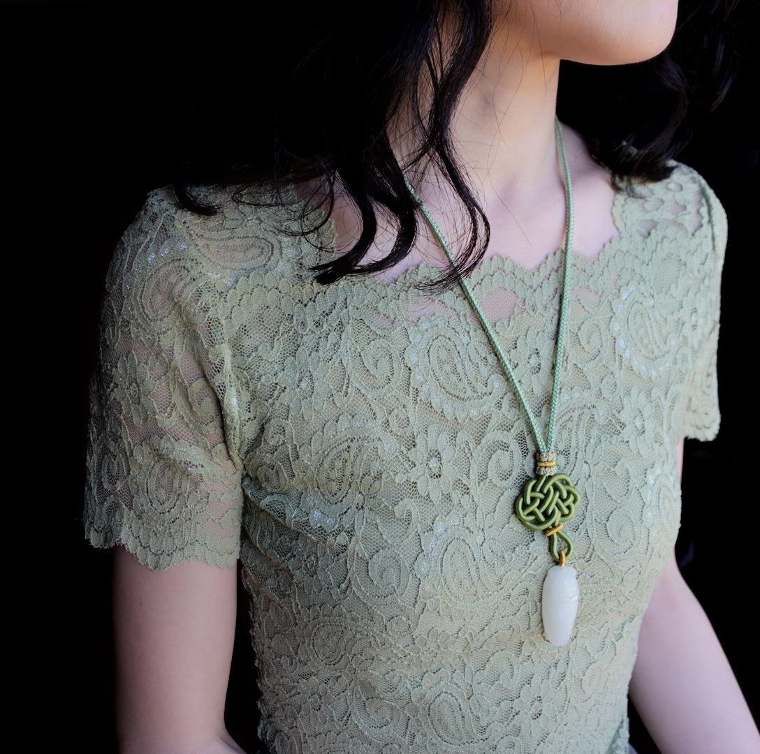 White Jade Cicada Pendant Necklace with Chinese Knot - Yun Boutique