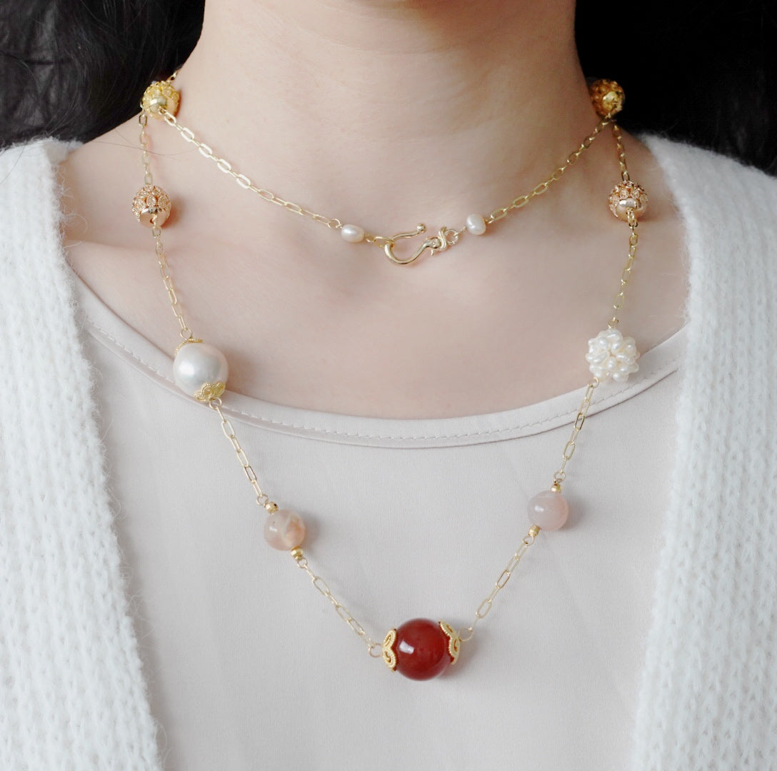 Autumn Carnelian and Agate Long Chain Necklace - Yun Boutique