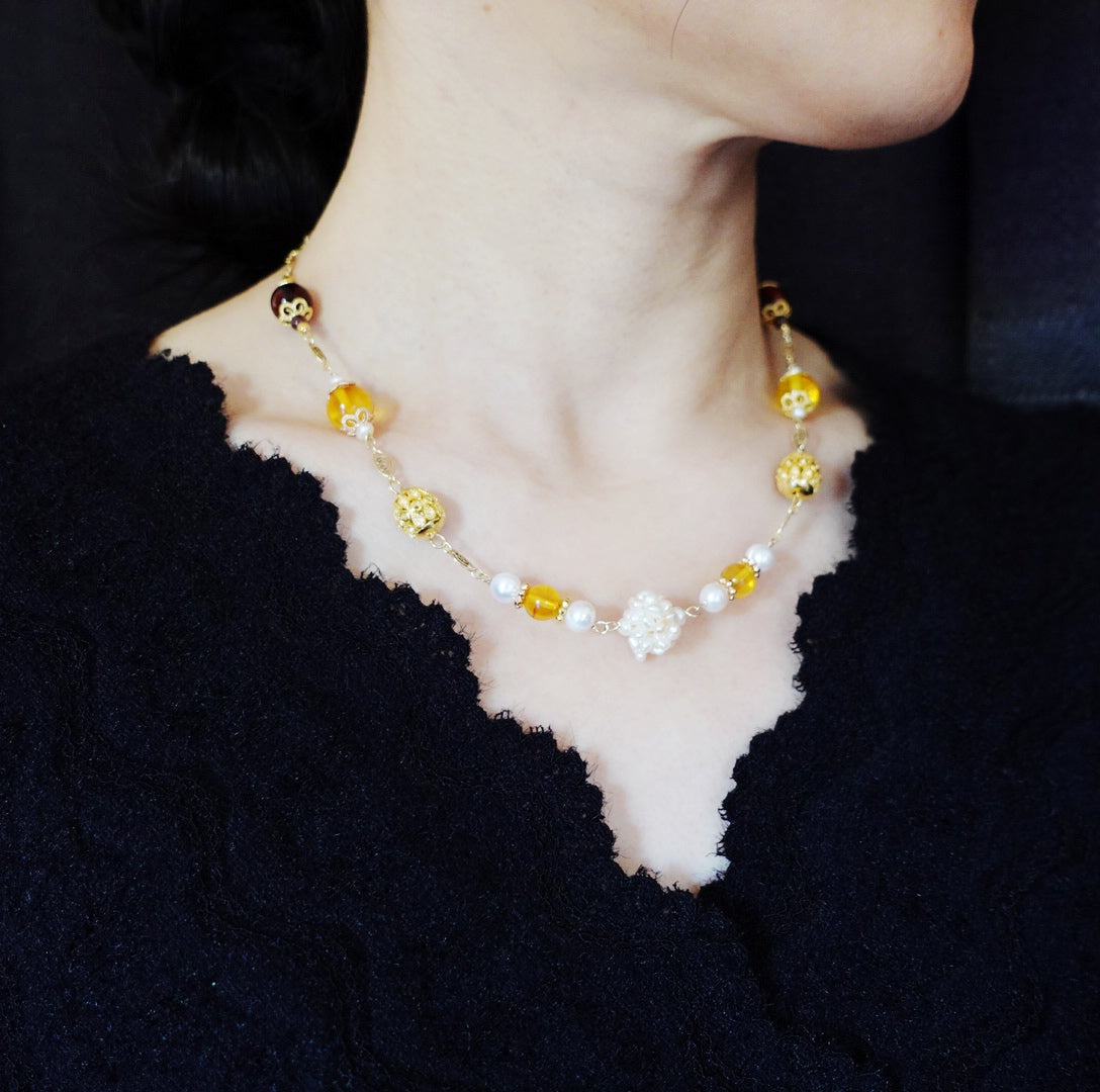 Autumn Amber and Pearl Necklace - Yun Boutique