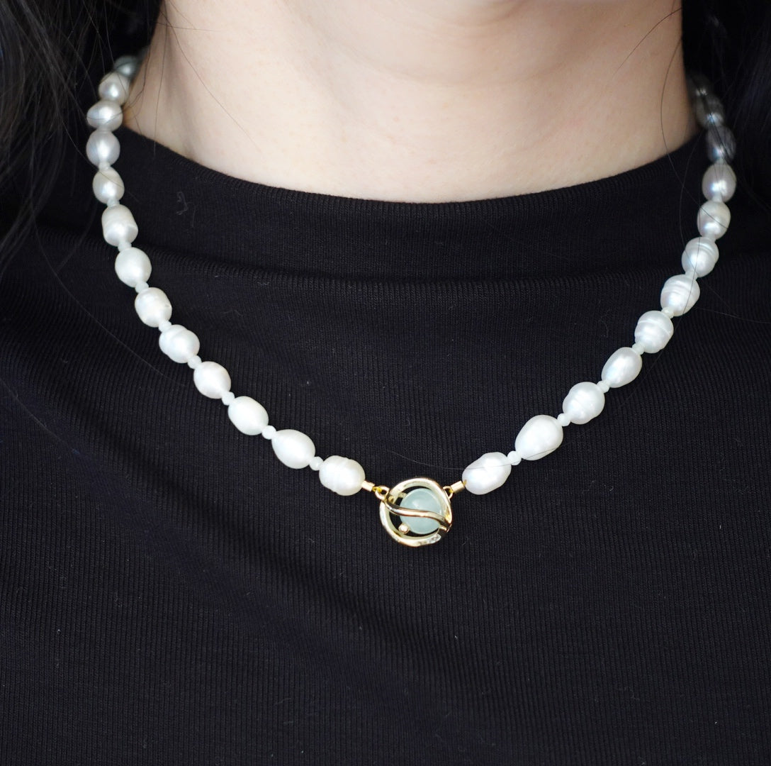 Beaded Baroque Pearl and Jade Necklace Gold