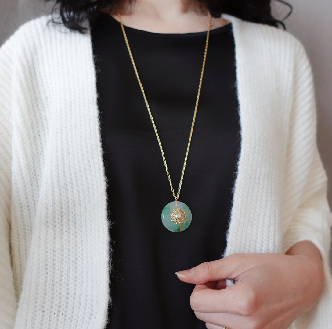 Large Jade Stone Disc Pendant Necklace Gold - Yun Boutique