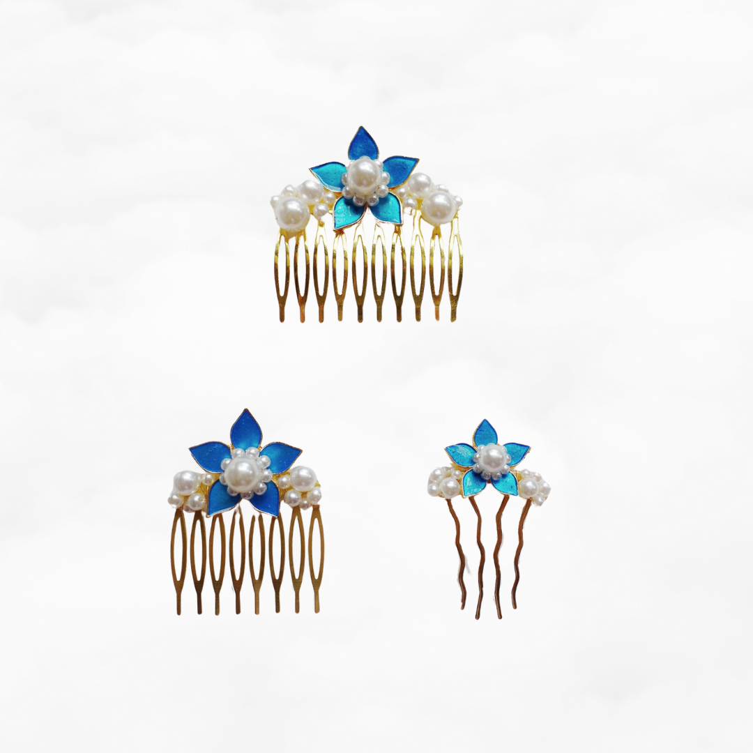 Royal Blue Enamel Flower and Pearl Hair Comb - Yun Boutique