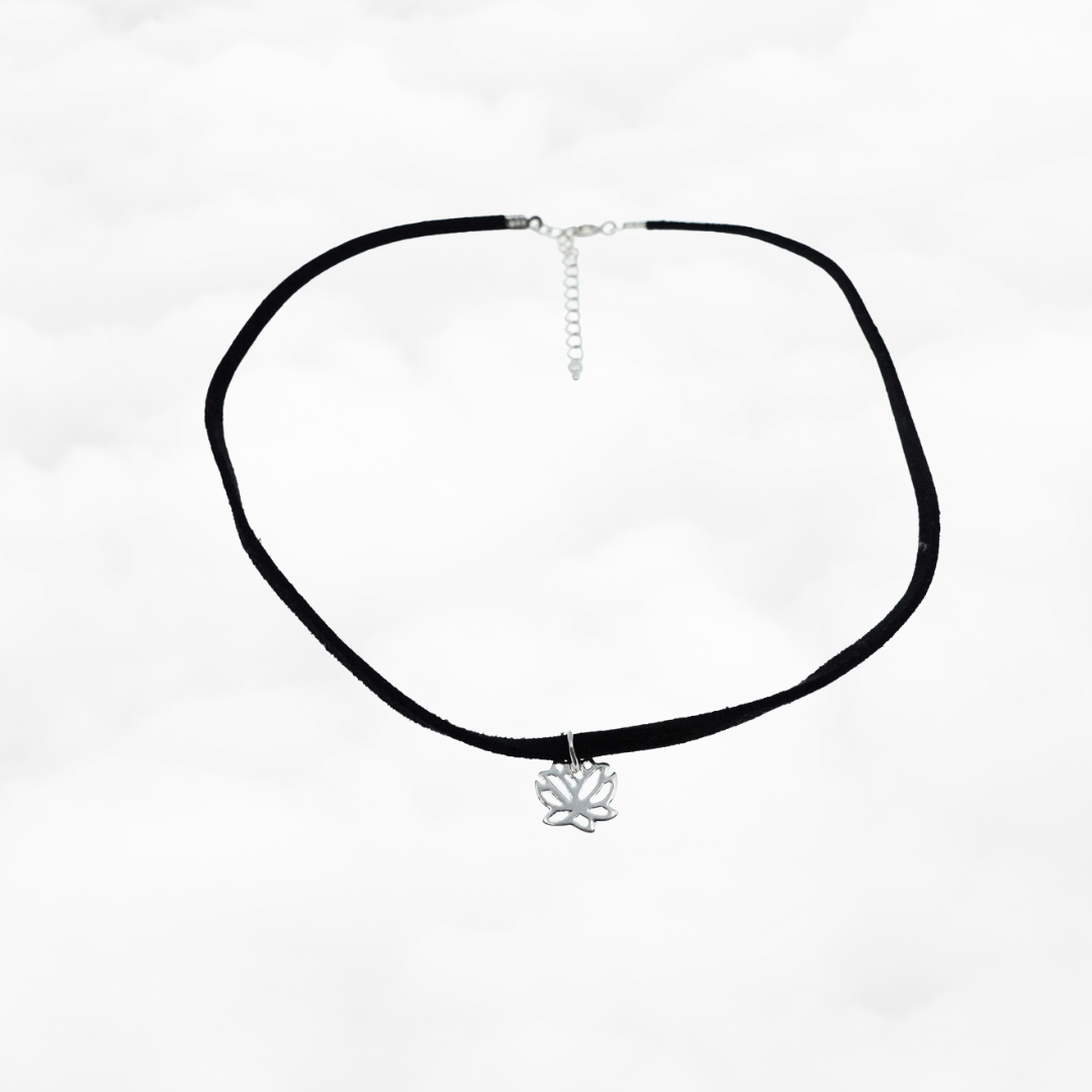 Black Choker Necklace with Silver Lotus