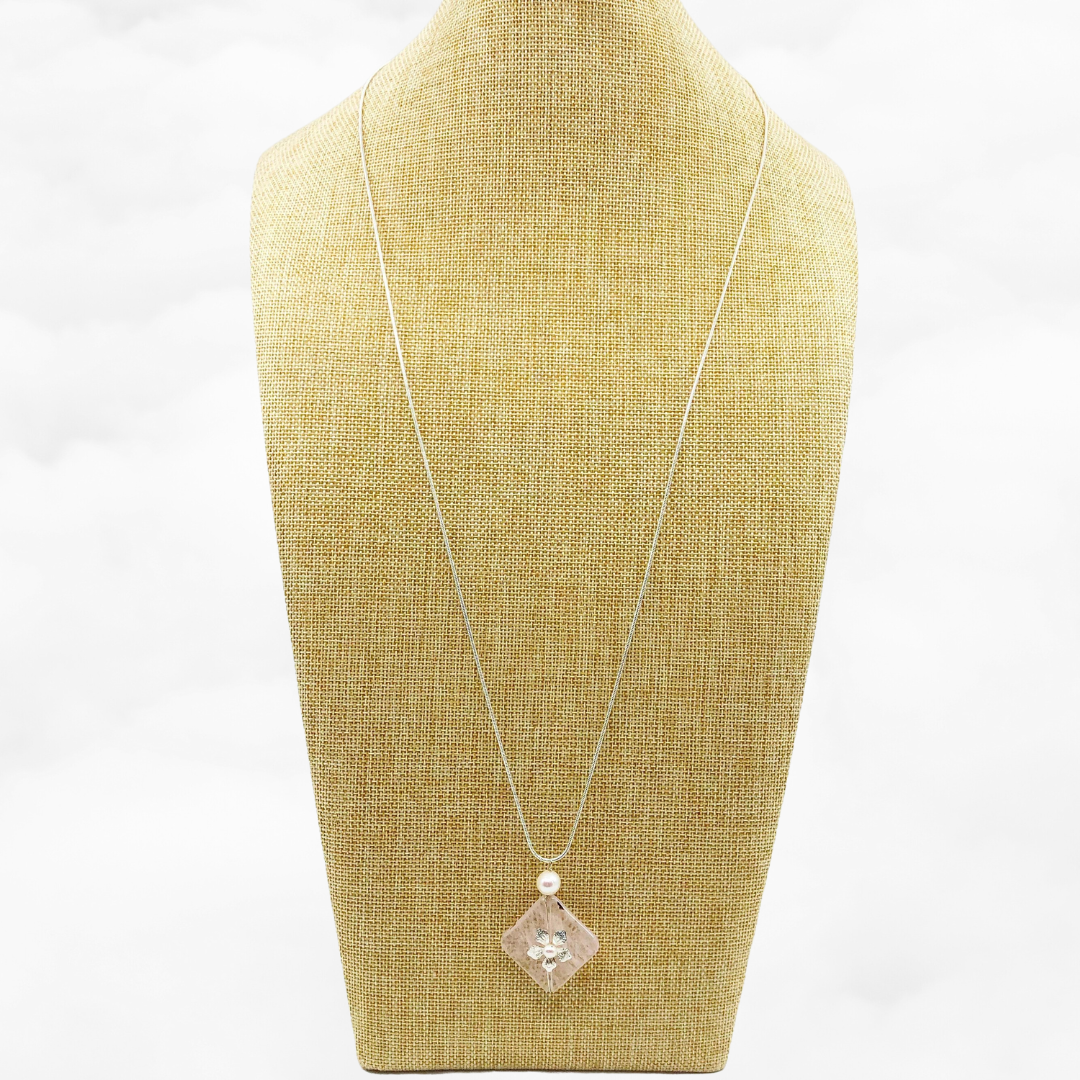 Silver Flower Rose Quartz Necklace - Yun Boutique